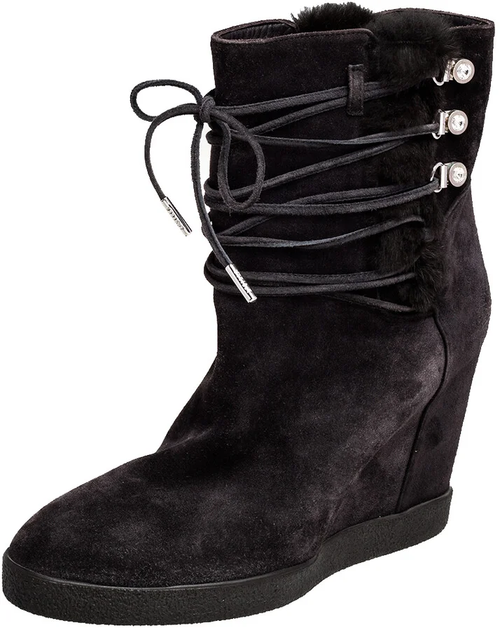 Le Silla Grey Suede Fur Detail Hidden Wedge Ankle Boots Size 37
