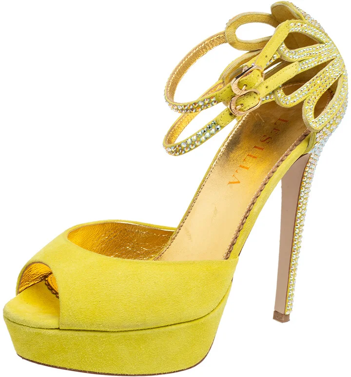 Le Silla Lime Yellow Embellished Suede Strappy Platform Ankle Strap Sandals Size 37