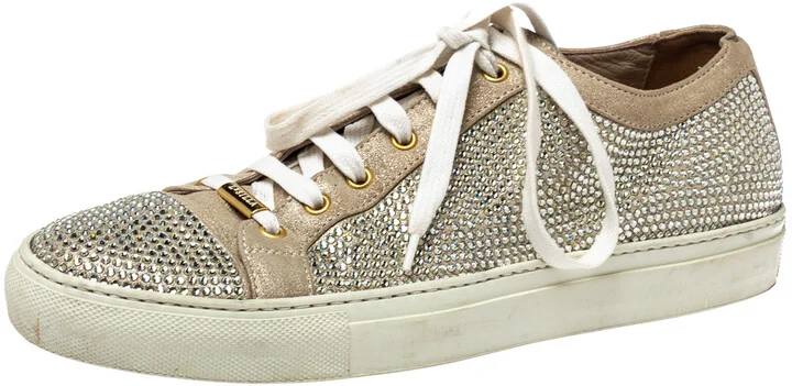 Le Silla Metallic Beige Crystal Embellished Suede Low Top Sneakers Size 41
