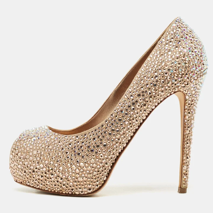 Le Silla Metallic Beige Satin Crystal Embellished Peep Toe Platform Pumps Size 37