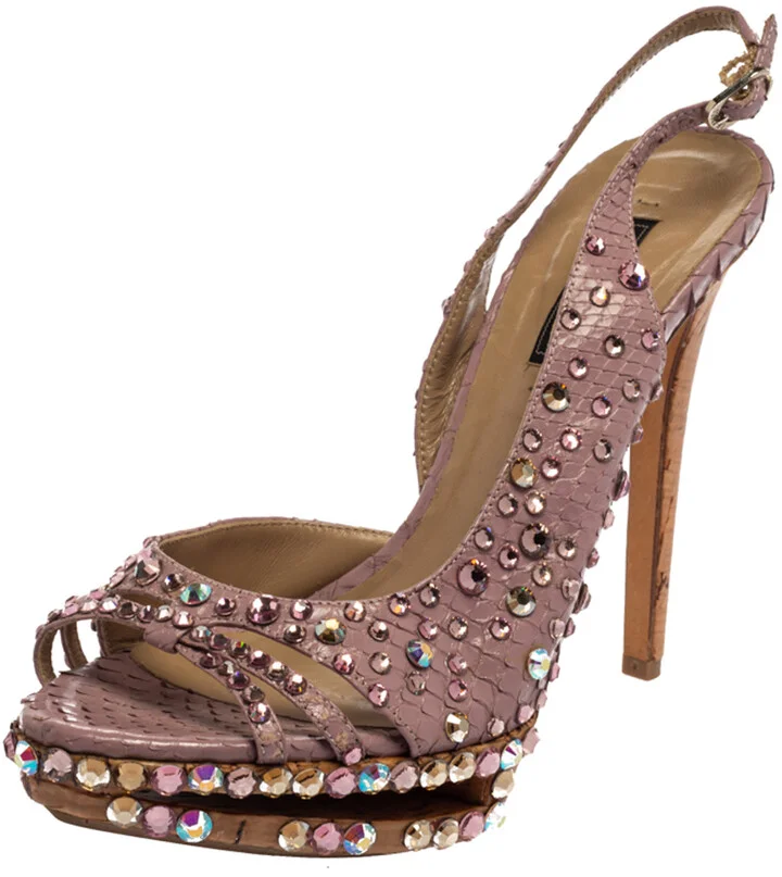 Le Silla Purple Crystal Embellished Leather Peep Toe Platform Sandals Size 38