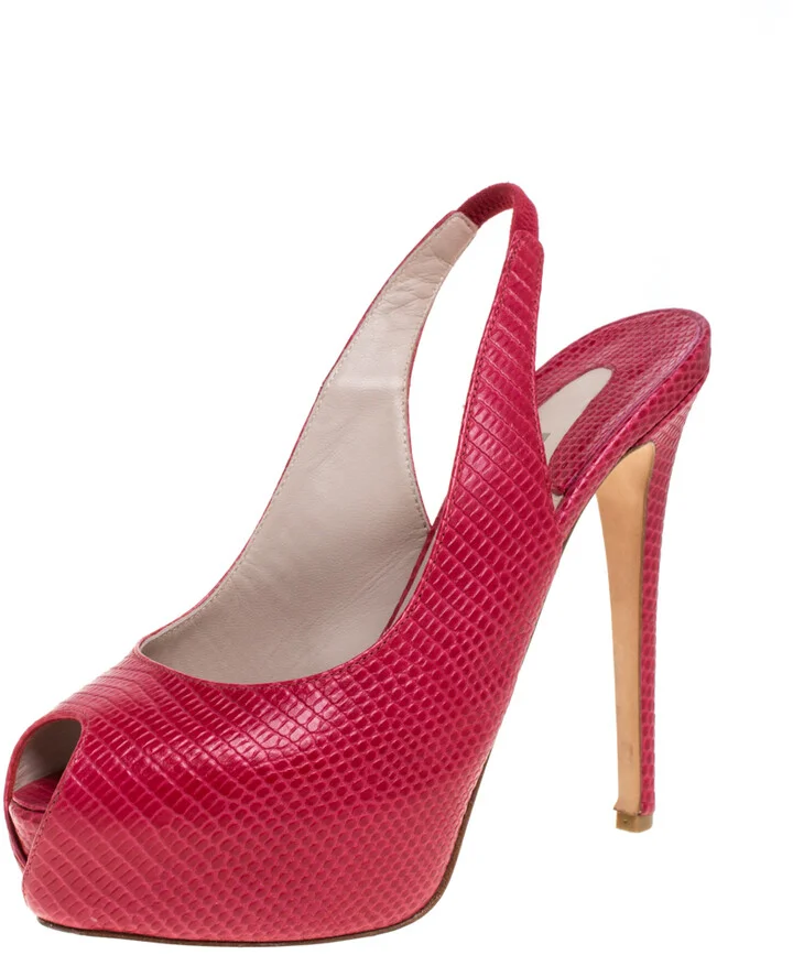 Le Silla Red Lizard Embossed Leather Slingback Platform Sandals Size 39