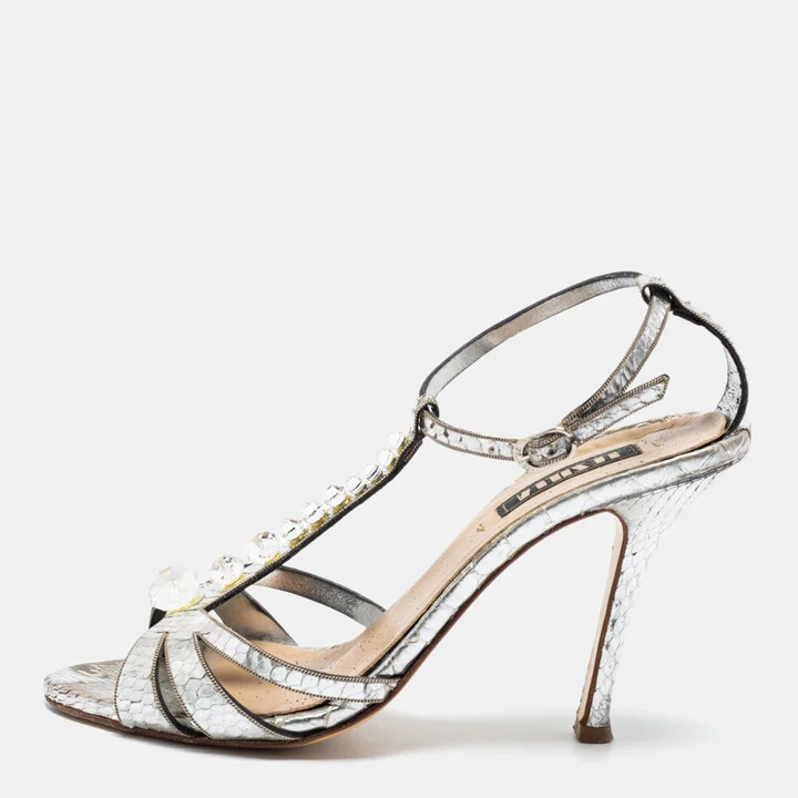 Le Silla Silver Python Embossed Leather T-Strap Platform Sandals Size 37.5