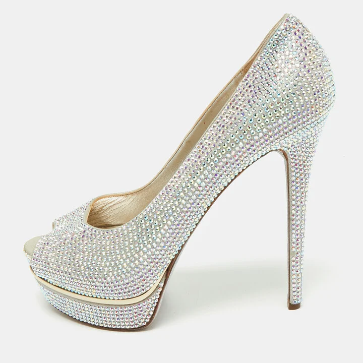 Le Silla Silver Texture Suede and Crystal Embellished Peep Toe Pumps Size 39