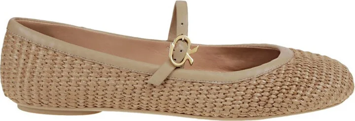 Leather And Woven Raffia Flat Ballerina