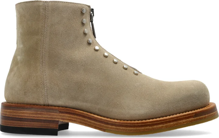 Leather Ankle Boots With Studs, , - Beige
