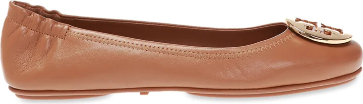 Leather Ballet Flats With Logo, , - Brown