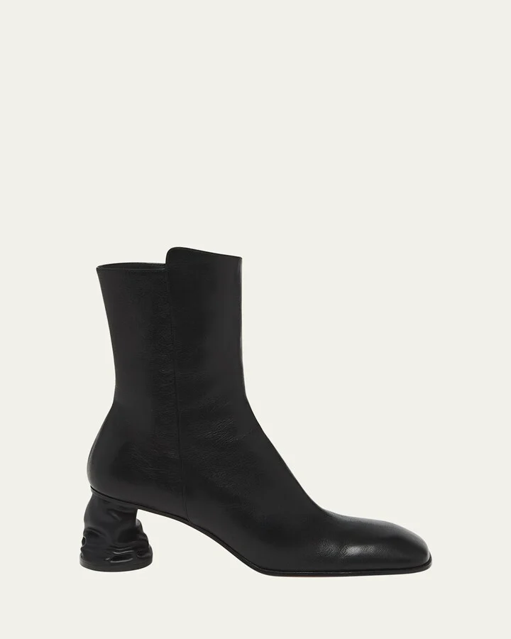 Leather Block-Heel Zip Booties