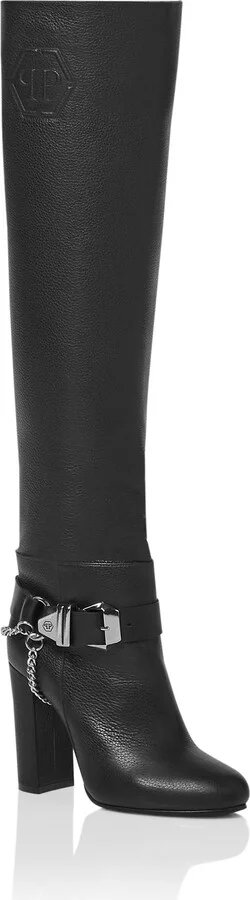 Leather Boots High Heels High Embossed Hexagon