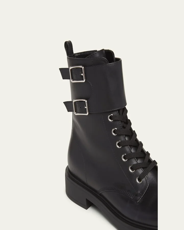 Leather Buckle Cuff Combat Booties - Image 2