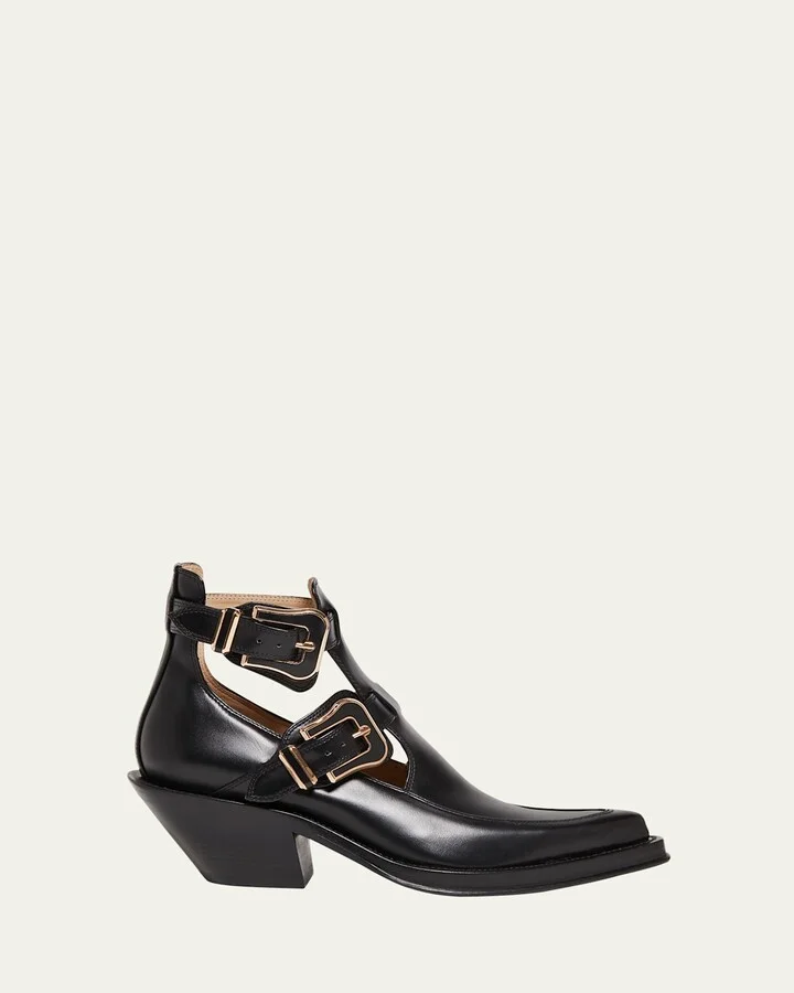 Leather Buckle Cutout Ankle Booties
