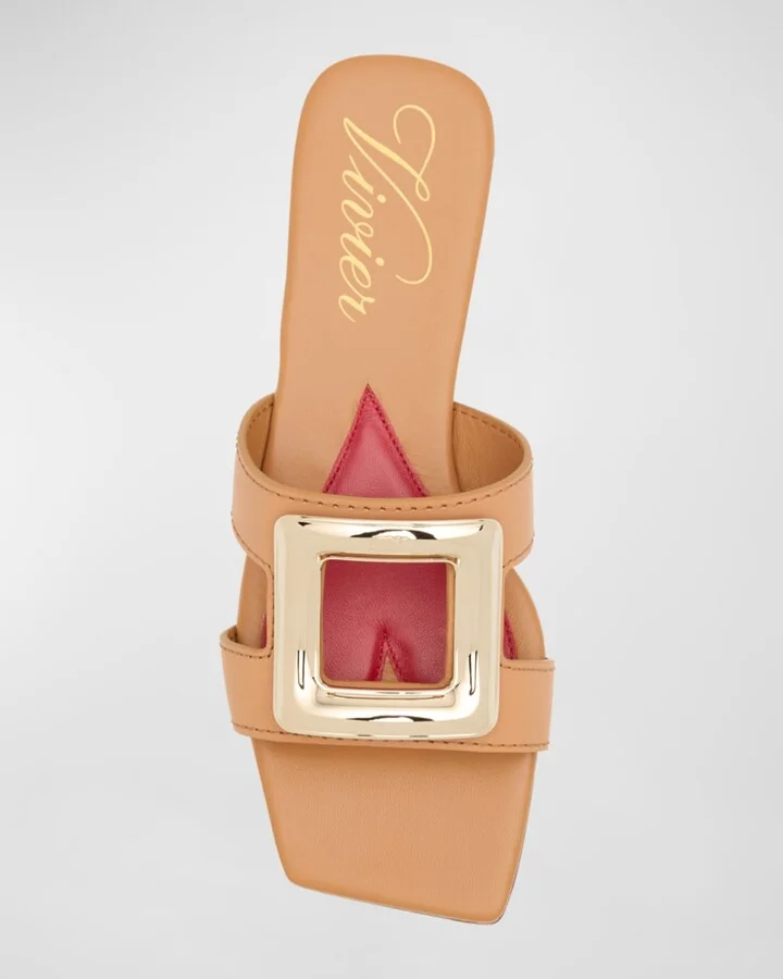 Leather Buckle Flat Slide Sandals - Image 2