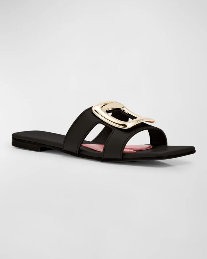 Leather Buckle Flat Slide Sandals - Image 2