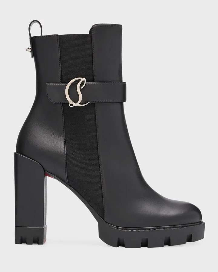 Leather Buckle Red Lug Sole Chelsea Booties