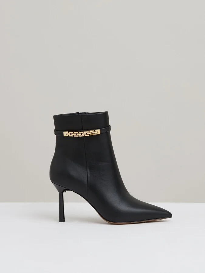Leather Chain Embellished Ankle Boots