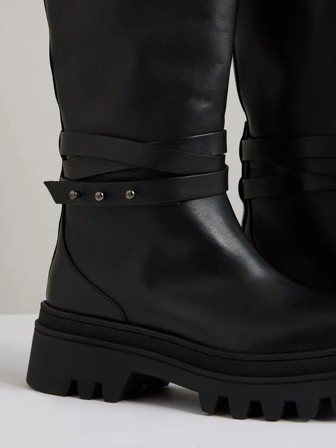 Leather Chunky Flat Knee-high Boots - Image 4