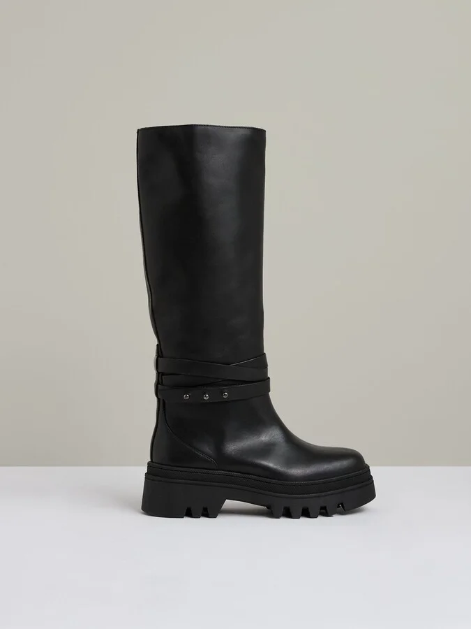 Leather Chunky Flat Knee-high Boots
