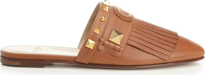 Leather Clog With Fringes Sandals Brown