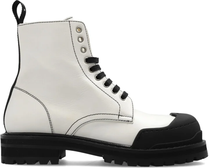 Leather Combat Boots With Logo, , - Cream