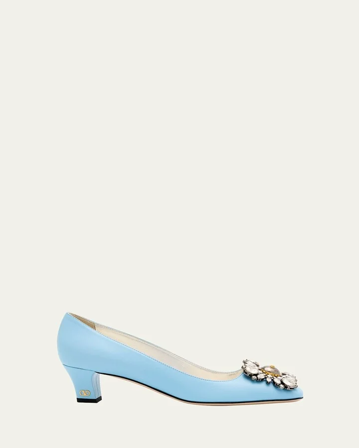 Leather Crystal Ornament Pumps