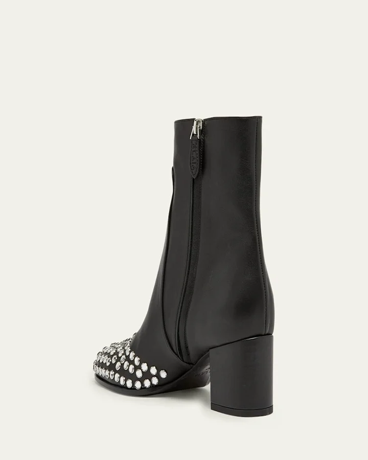 Leather Crystal Stud Cap-Toe Ankle Booties - Image 2