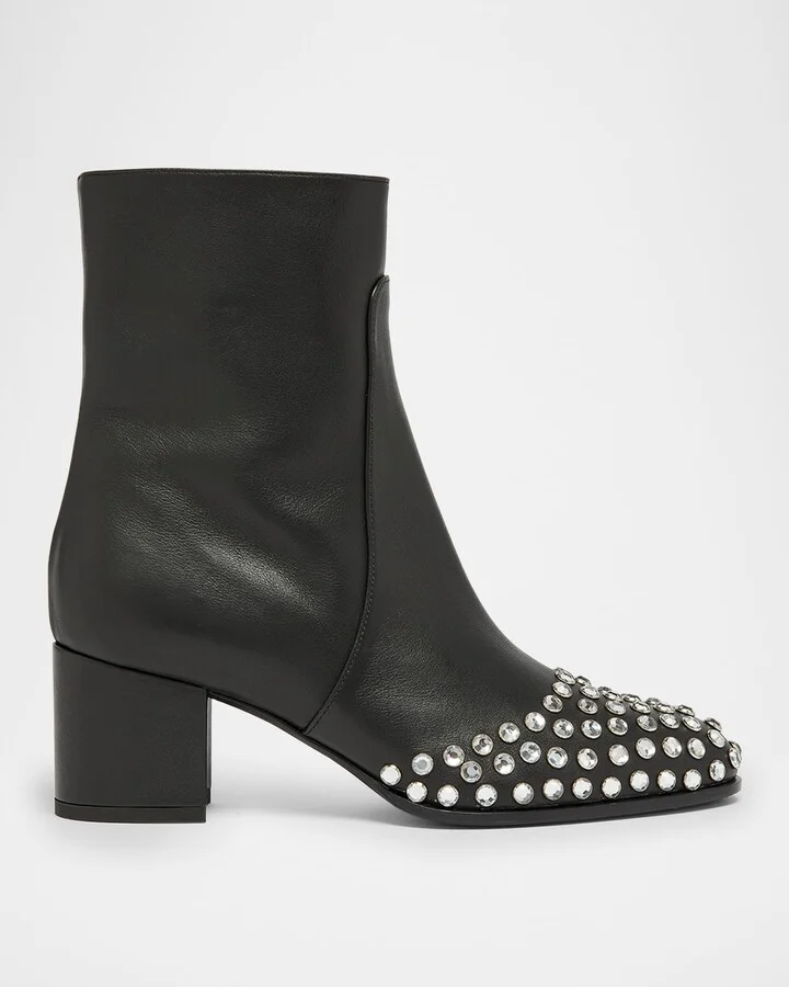 Leather Crystal Stud Cap-Toe Ankle Booties