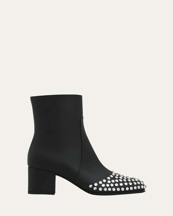 Leather Crystal Stud Cap-Toe Ankle Booties