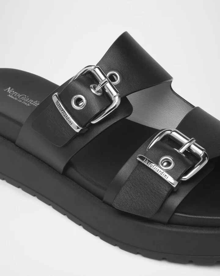 Leather Double-Buckle Flatform Sandals - Image 4