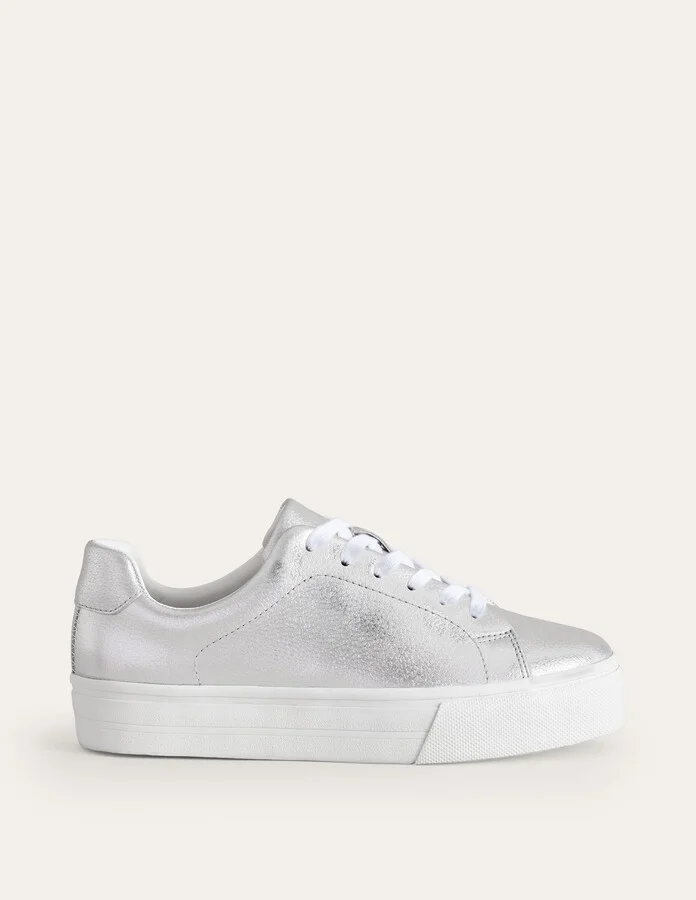 Leather Flatform Sneakers, Silver Tumbled Leather - Image 2