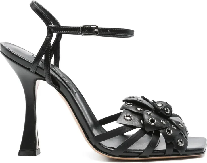 Leather Flower-Embellished Heeled Sandals