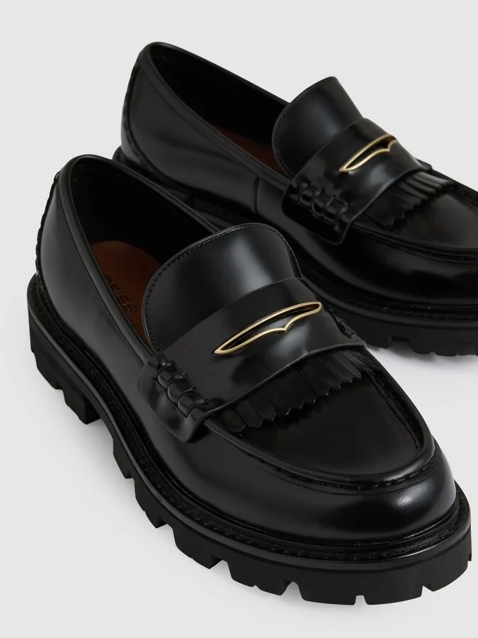 Leather Fringed Chunky Penny Loafers - Image 4