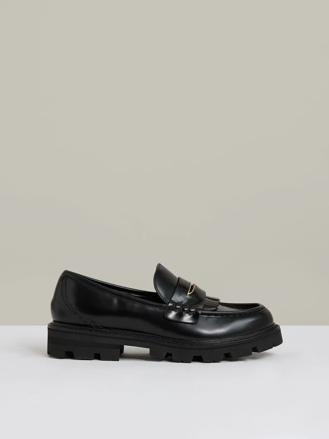 Leather Fringed Chunky Penny Loafers