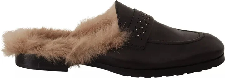 Leather Fur Perforated Slip On Flats Women's Shoes (Pre-Owned)