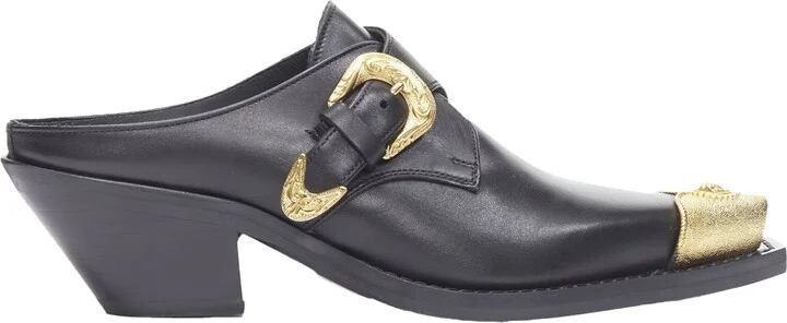 Leather Gold Medusa Toe Western Buckle Cuban Mule