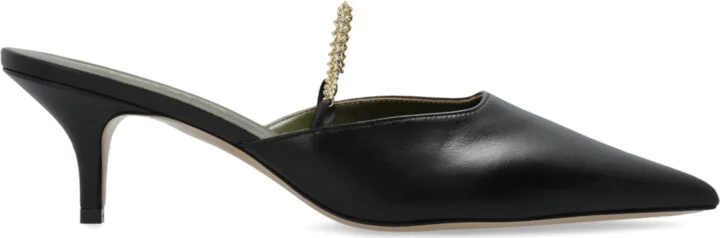 Leather Heeled Mules, , - Black