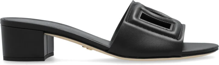 Leather Heeled Slides, , - Black