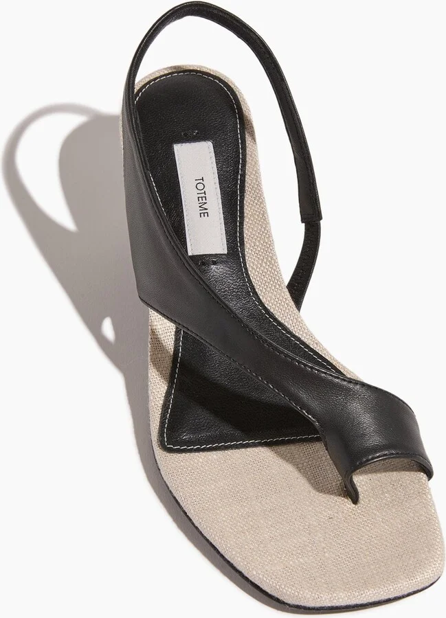 Leather Heeled Thong Sandals in Black/Sand - Image 4