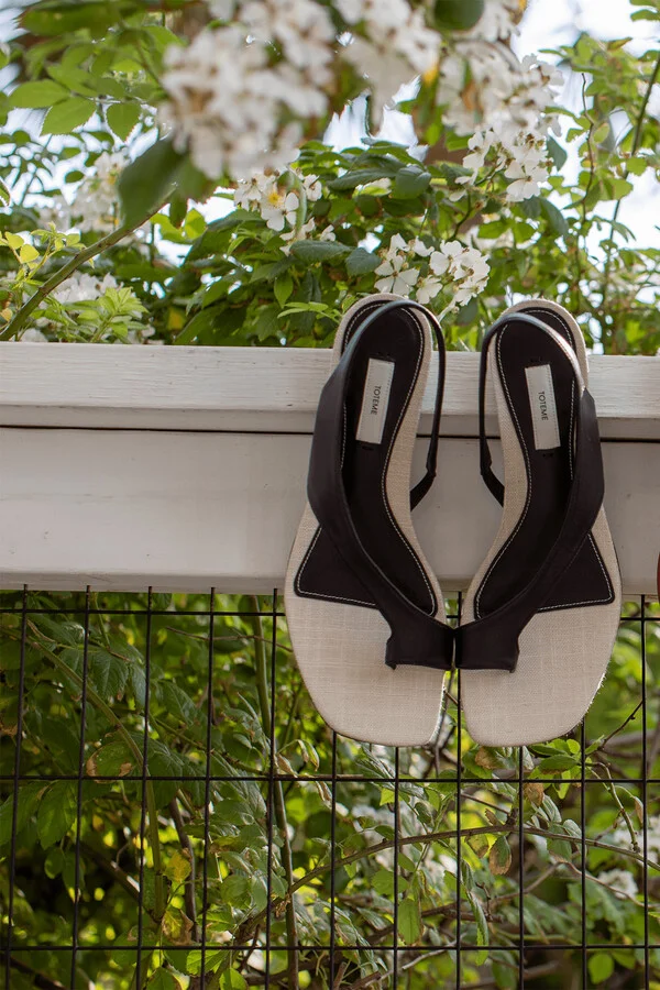 Leather Heeled Thong Sandals in Black/Sand - Image 5