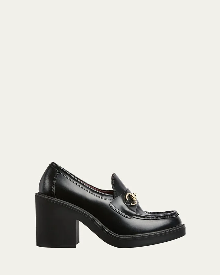 Leather Horsebit Heeled Loafers