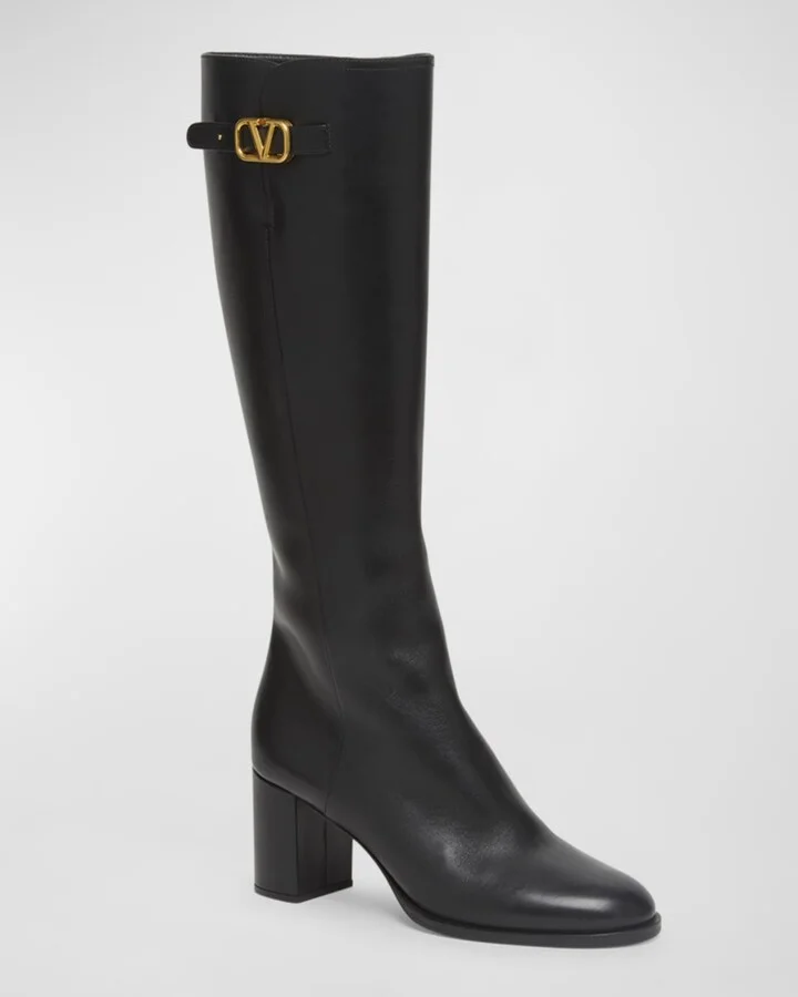 Leather Knee High Boots with V Logo - Image 11