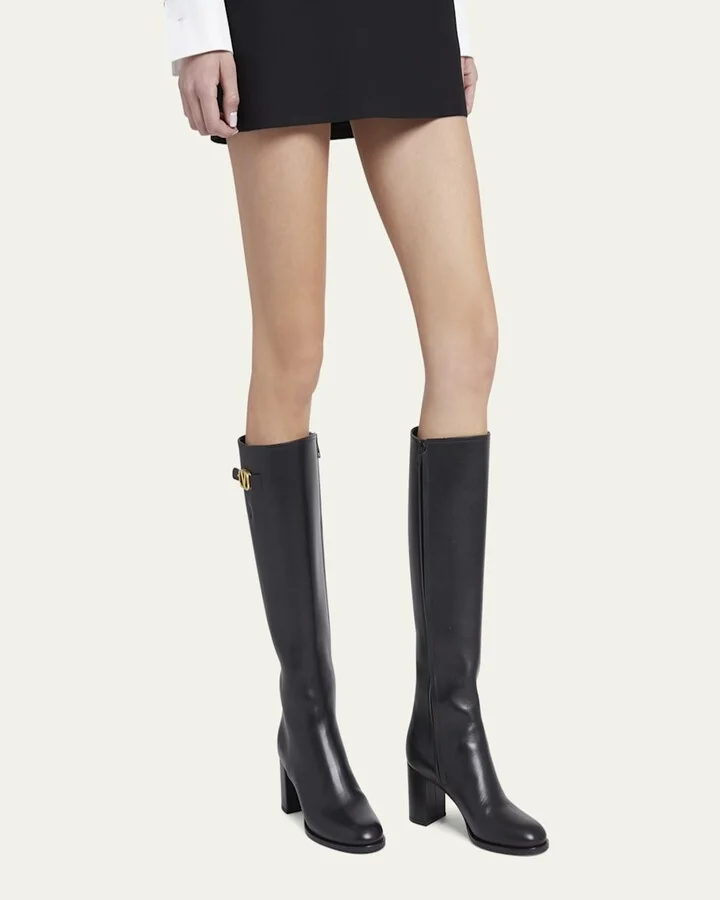 Leather Knee High Boots with V Logo - Image 8