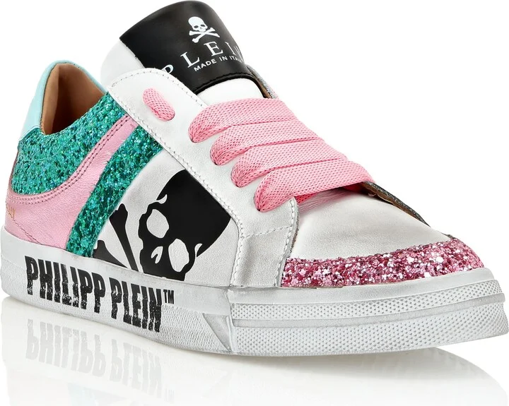 Leather Lo-Top Sneakers Skull with Crystals