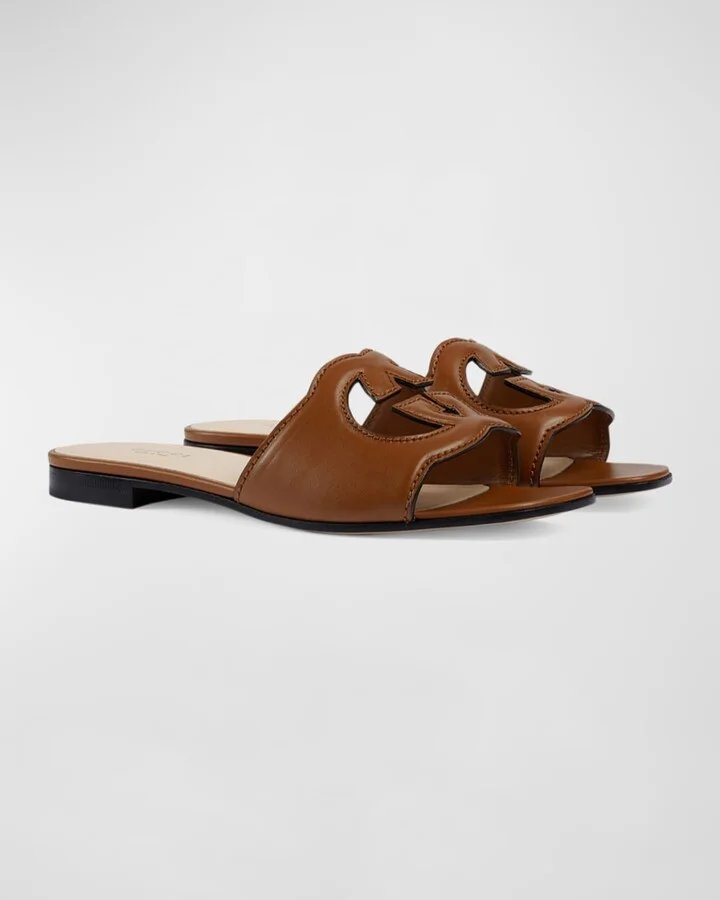 Leather Logo Cutout Flat Sandals - Image 4