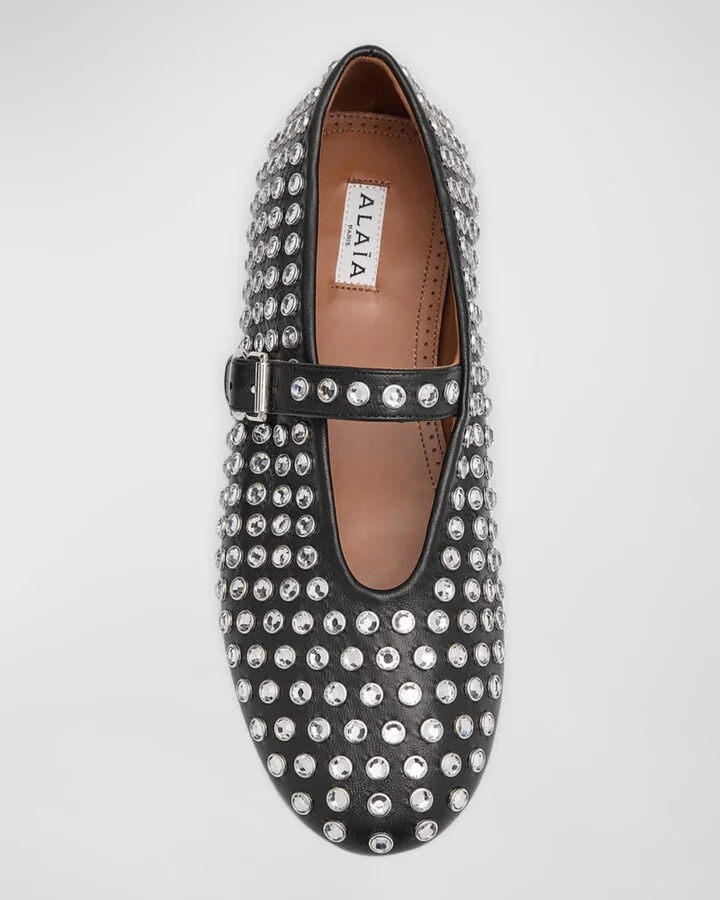 Leather Mary Jane Flats With Allover Studs - Image 2