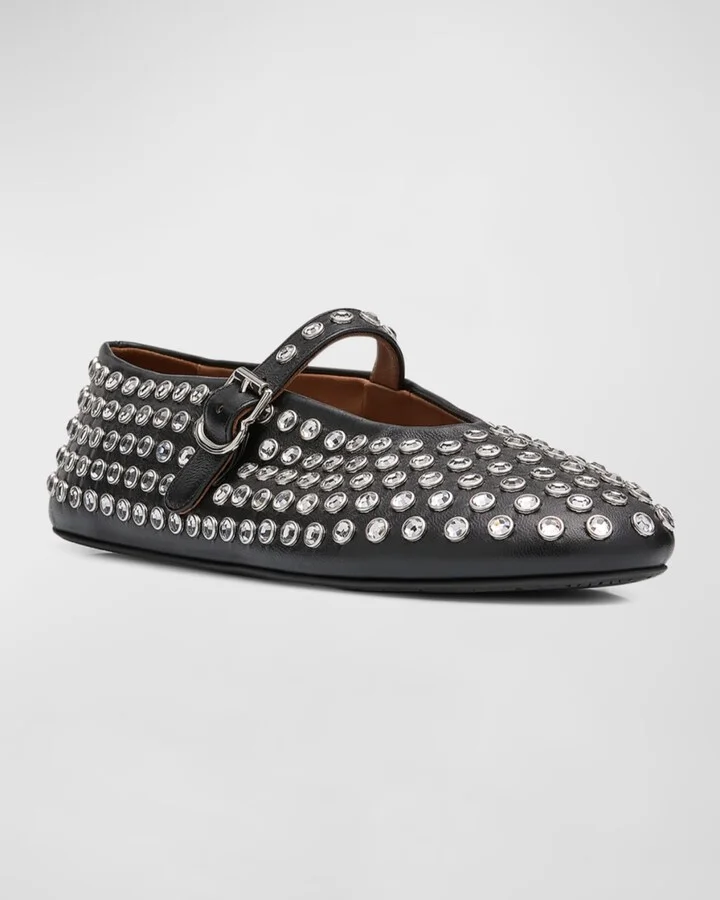 Leather Mary Jane Flats With Allover Studs - Image 7