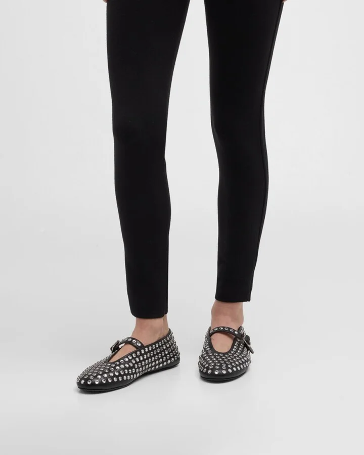 Leather Mary Jane Flats With Allover Studs - Image 9