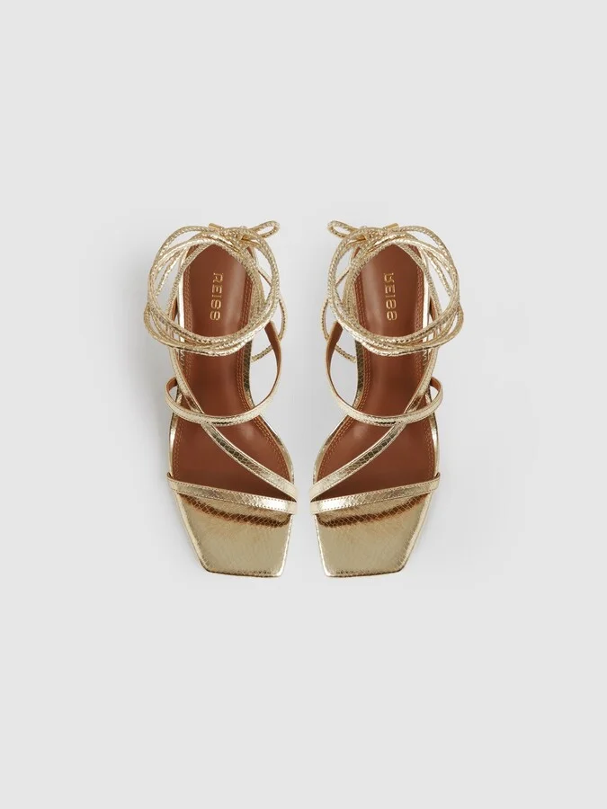 Leather Metallic Strappy Heeled Sandals - Image 3