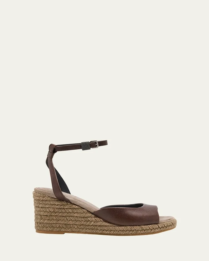 Leather Monili Buckle Wedge Espadrilles