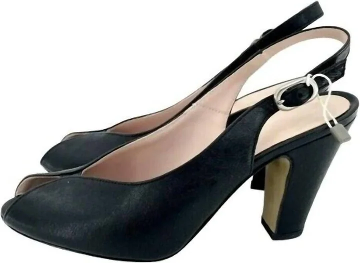 Leather Peep Toe Slingback Pumps In Black