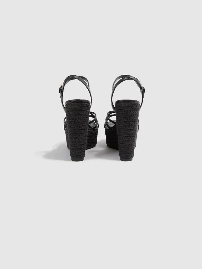 Leather Raffia Platform Wedge Heels - Image 4